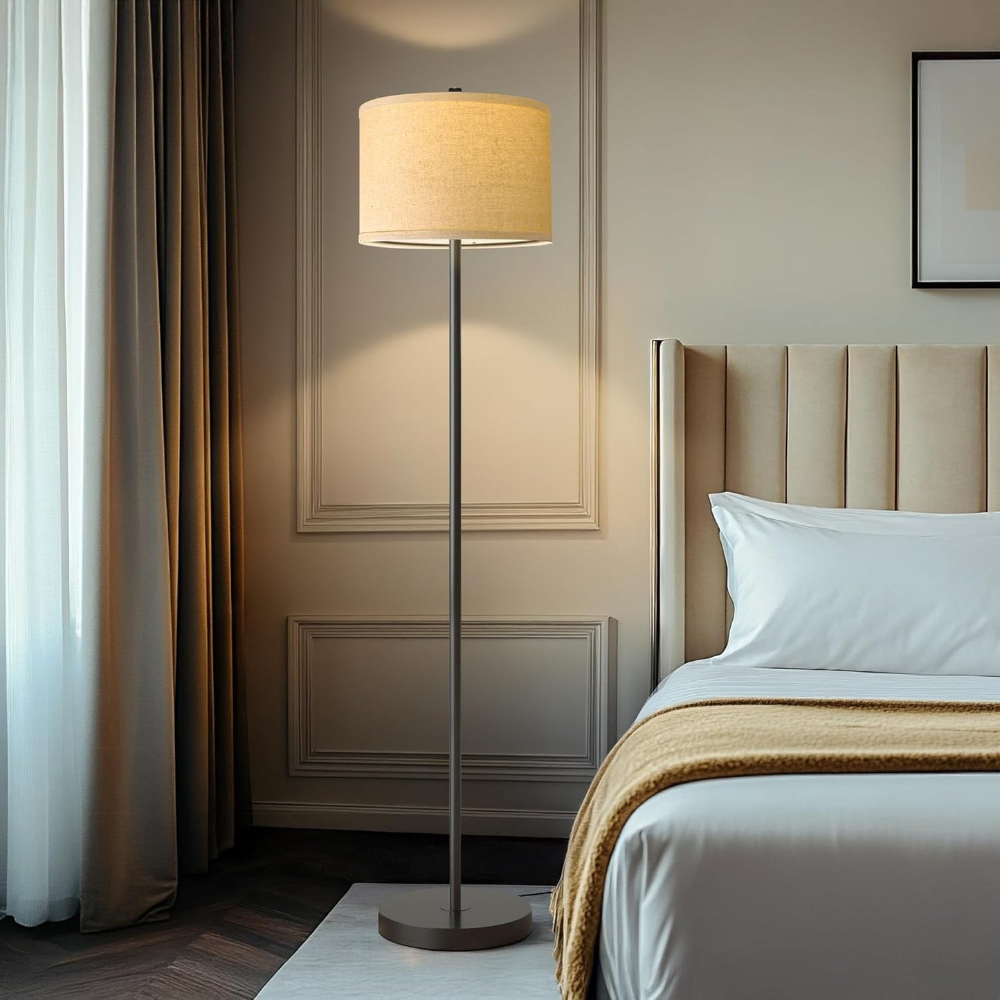 61" Farmhouse Industrial Floor Lamp for Living Room Standing Floor Lamp Rustic Floor Lamps for Living Room Bedroom Tall Lamps with Rotary Switch for Bedroom with Natural Linen Lamp Shade